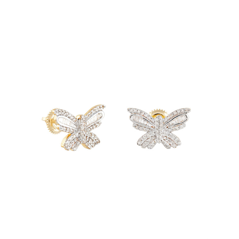 Yellow Gold Round and Baguette Diamond Butterfly Stud Earrings