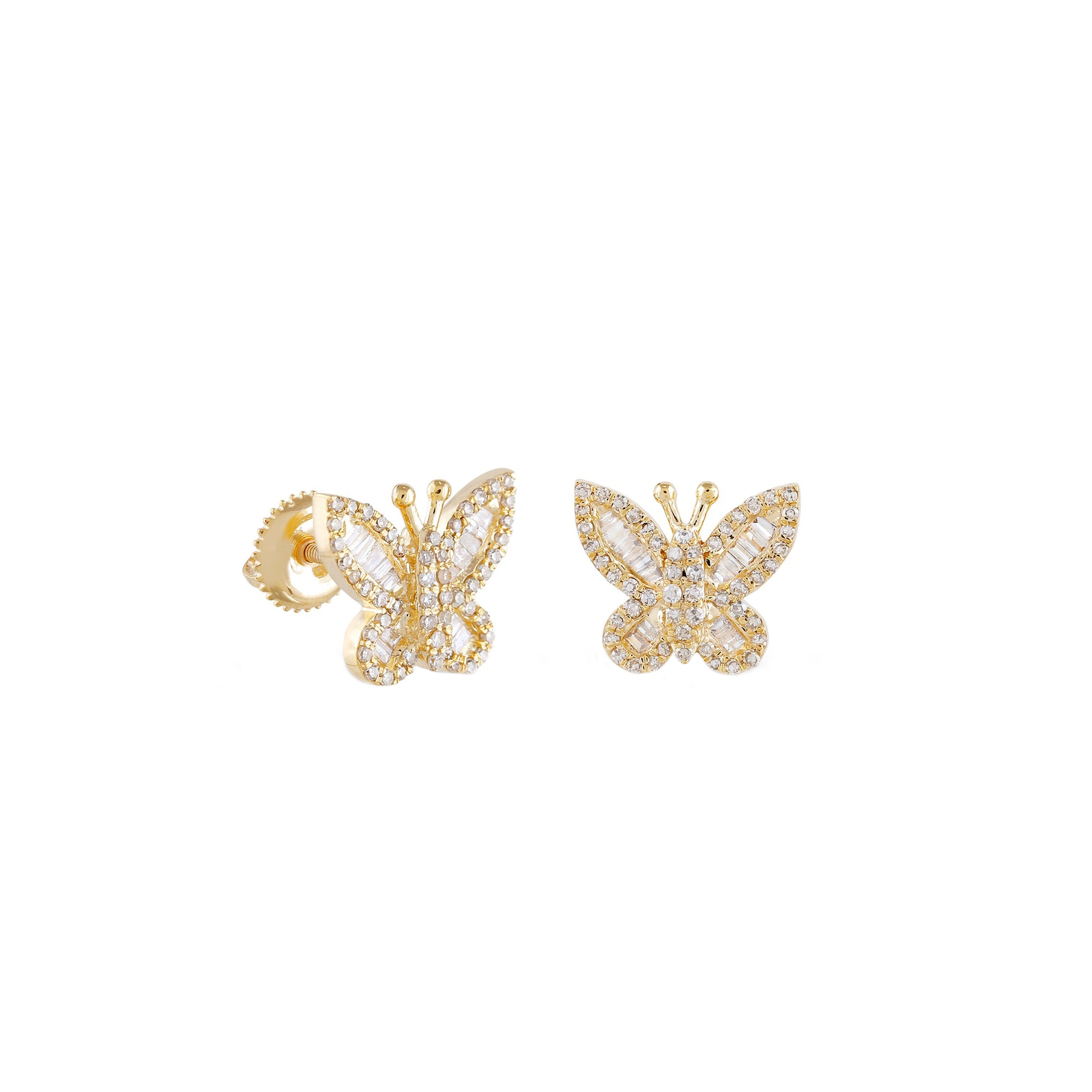 Yellow Gold Baguette and Round Diamond Butterfly Earrings