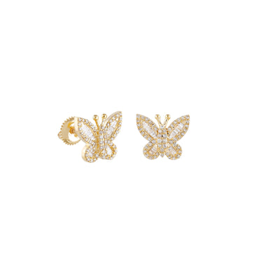 Yellow Gold Baguette and Round Diamond Butterfly Earrings