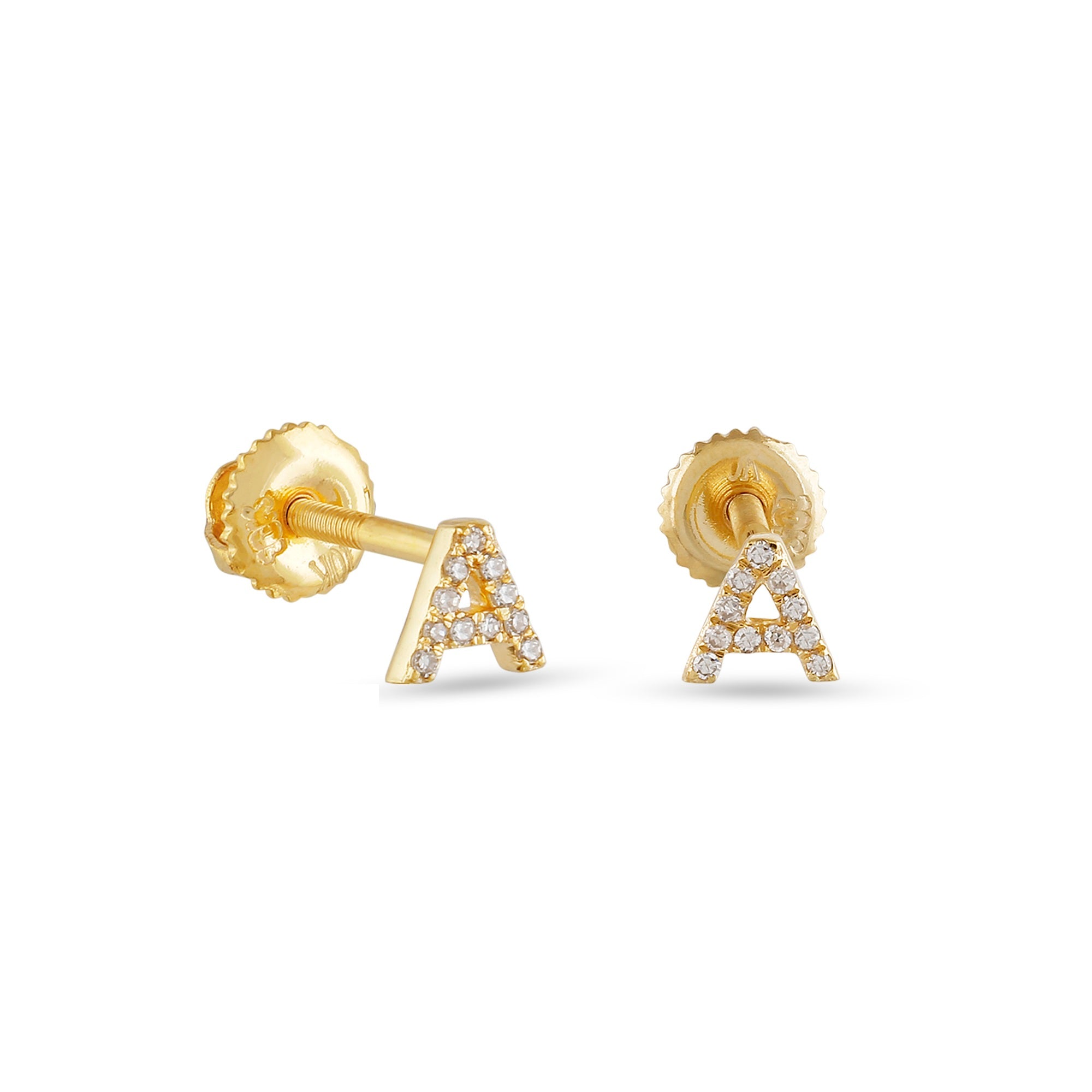 Yellow Gold Round Diamond Initial Letter Earrings by Rafaela Jewelry