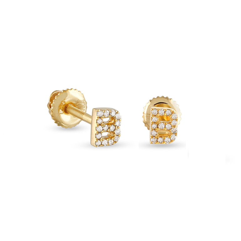 Yellow Gold Round Diamond Initial Letter Earrings by Rafaela Jewelry