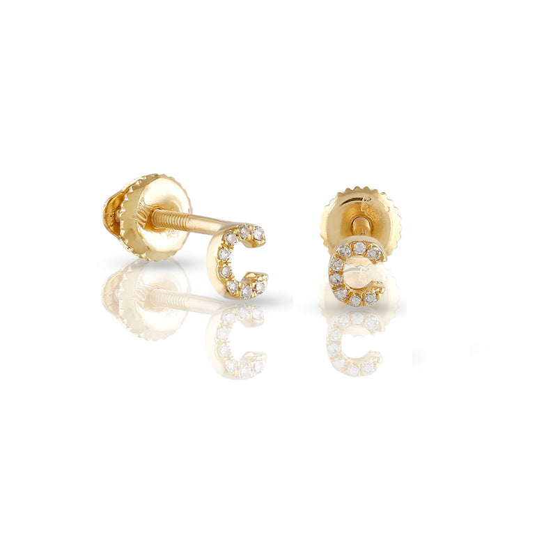 Yellow Gold Round Diamond Initial Letter Earrings by Rafaela Jewelry