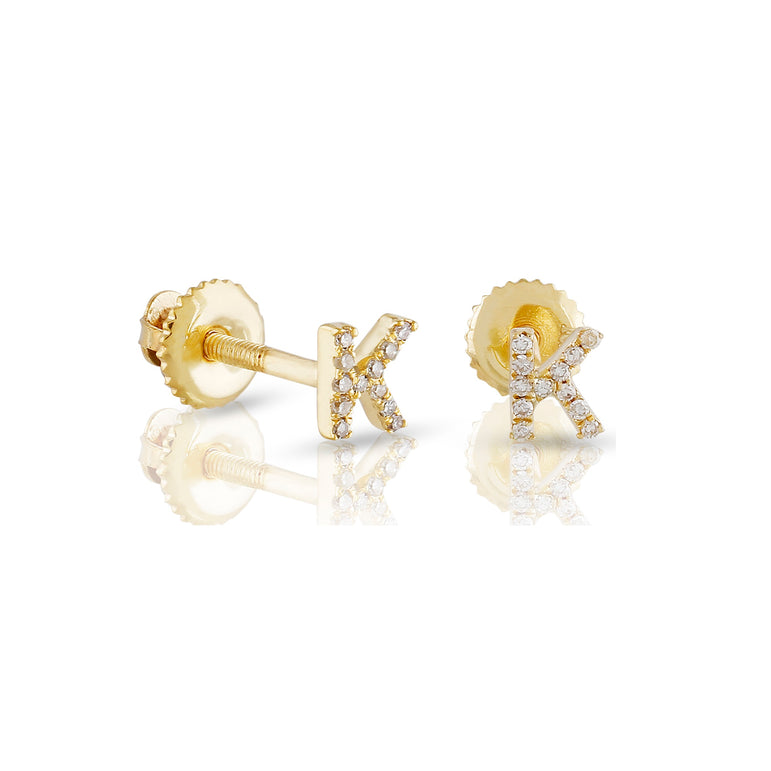 Yellow Gold Round Diamond Initial Letter Earrings by Rafaela Jewelry