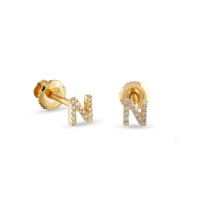 Yellow Gold Round Diamond Initial Letter Earrings