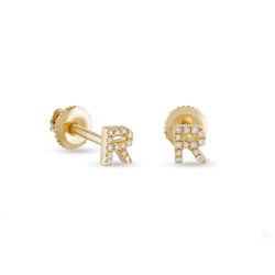 Yellow Gold Round Diamond Initial Letter Earrings by Rafaela Jewelry