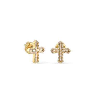 Yellow Gold Round and Baguette Diamond Cross Stud Earrings