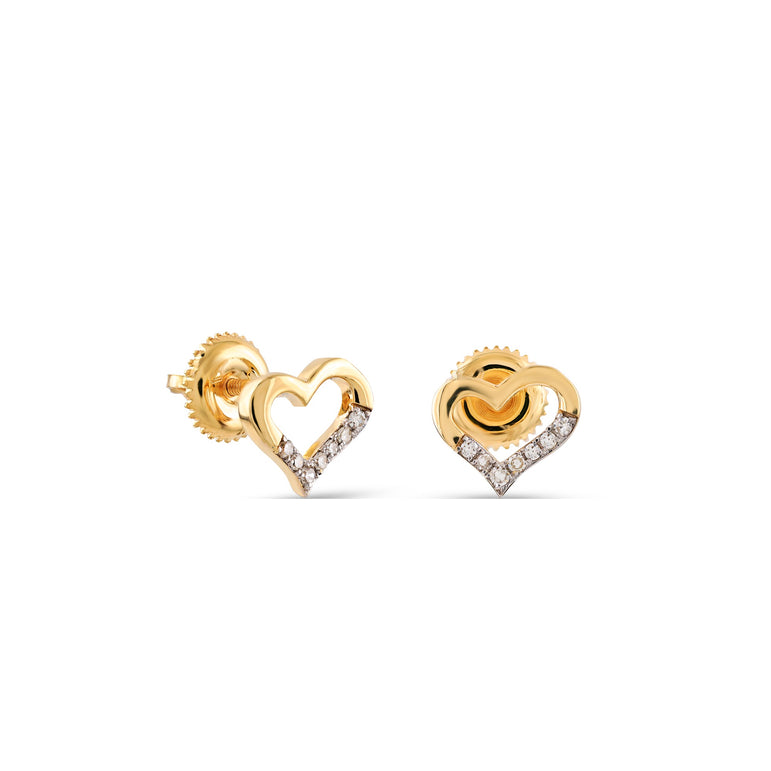 Yellow Gold Round Diamond Heart Stud Earrings