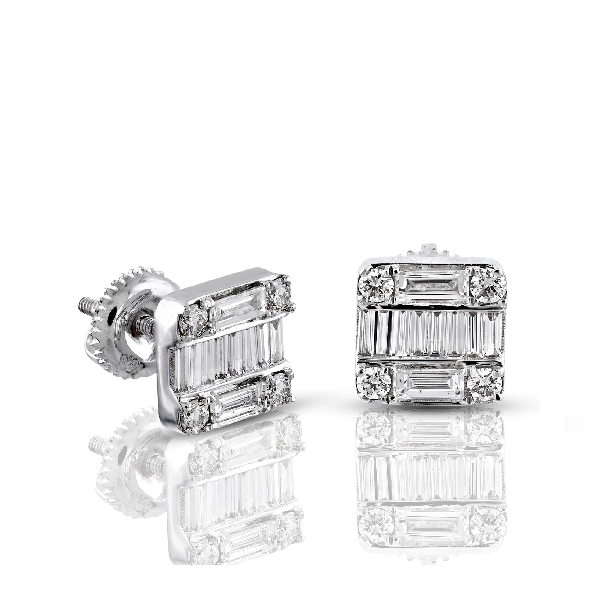 White Gold Baguette and Round Diamond Square Stud Earrings