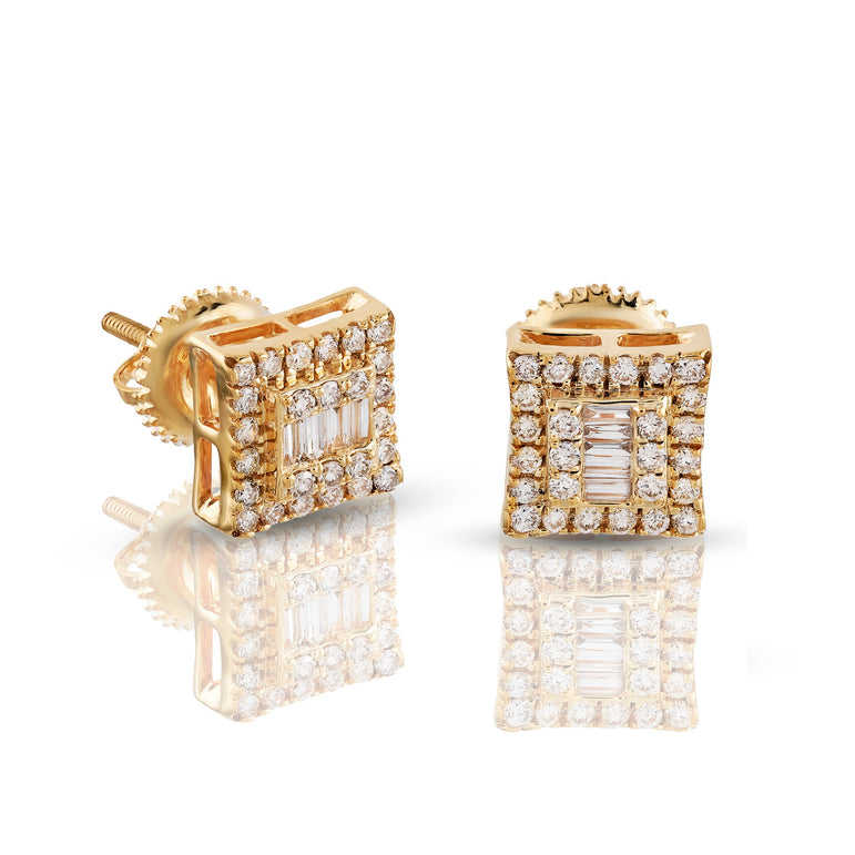 Yellow Gold Baguette And Round Diamond Square Stud Earring