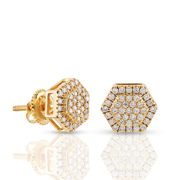 Yellow Gold Round Diamond Hexagon Stud Earring