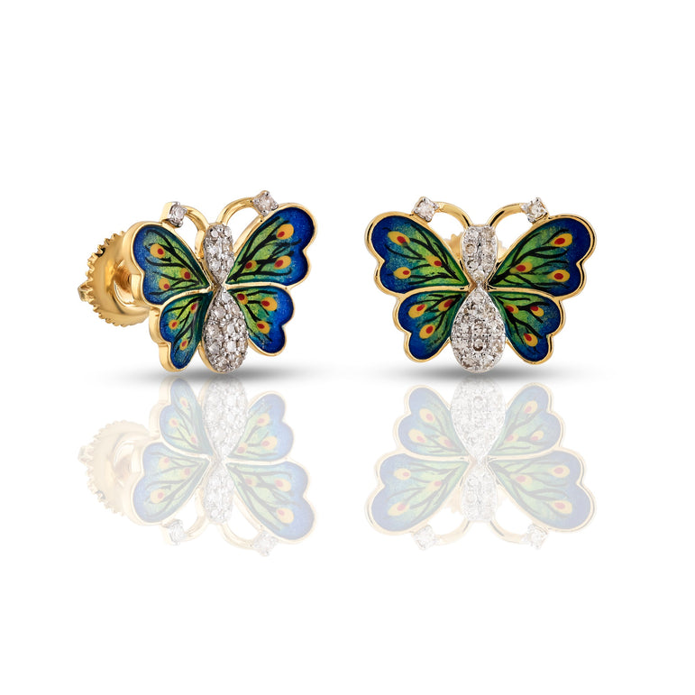 Yellow Gold Round Diamond Enamel Butterfly Stud Earrings