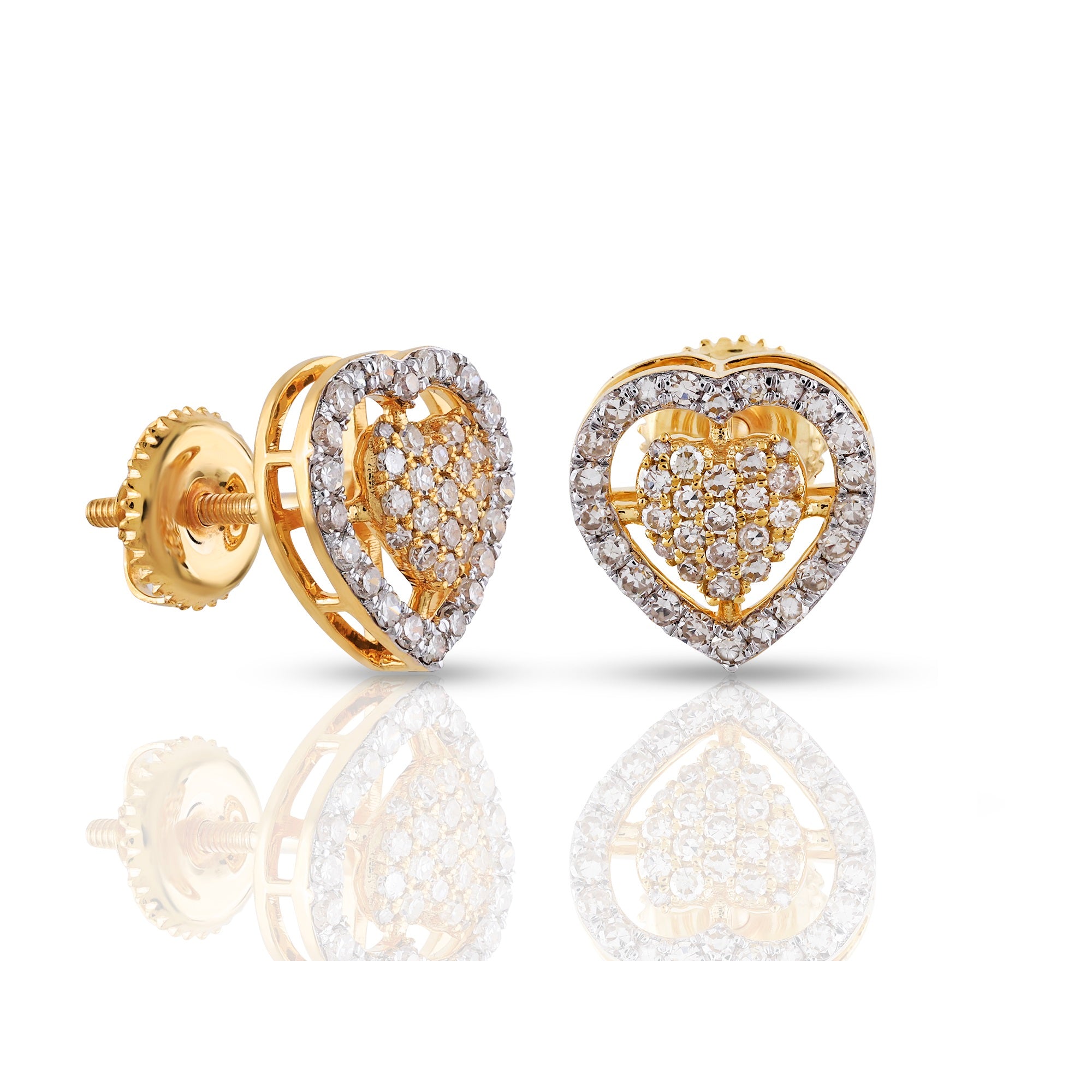 0.46 CT-Diamond Yellow Gold Double Heart Stud Earrings