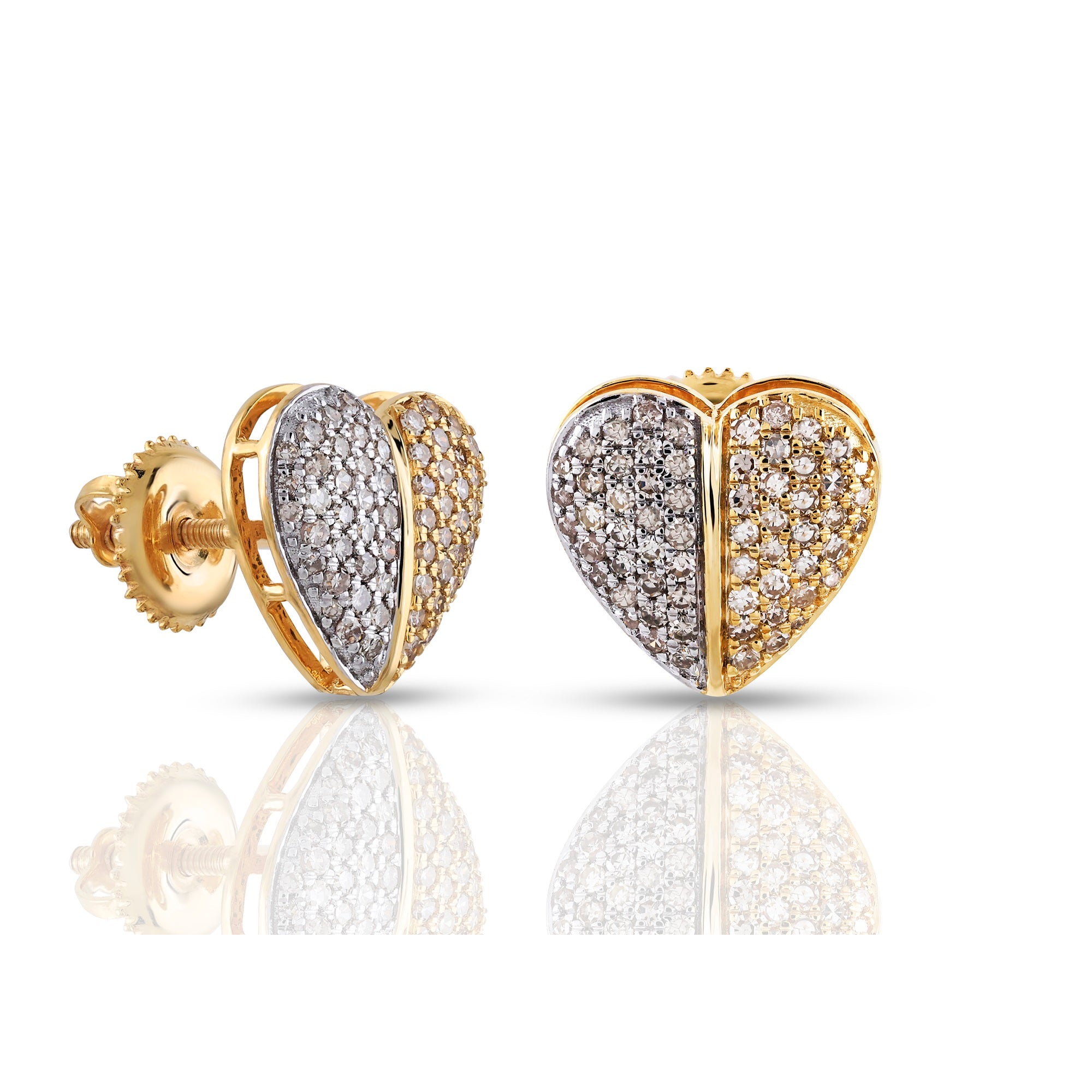 Yellow Gold Round Diamond Two Toned Heart Stud Earring