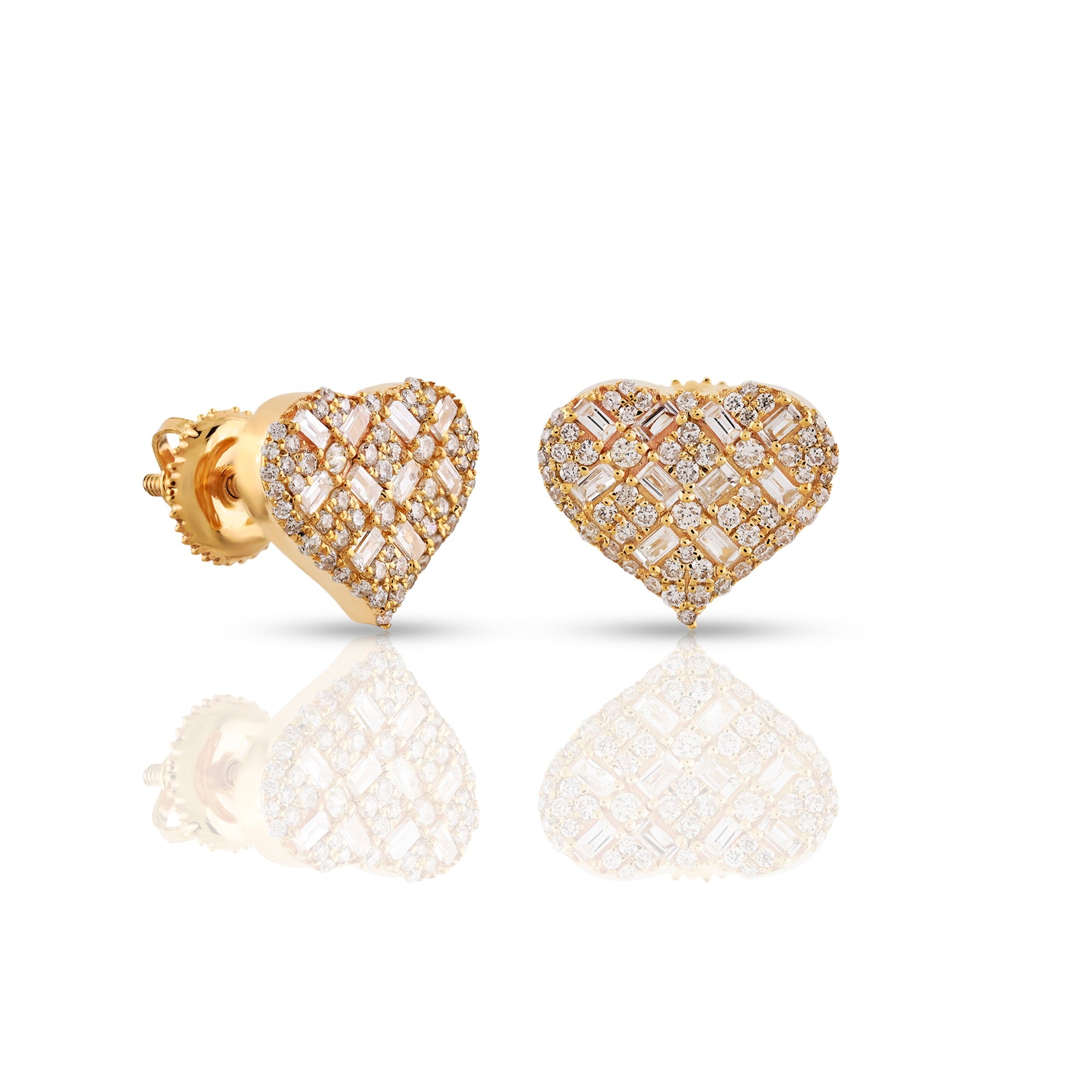 Yellow Gold Baguette and Round Diamond Heart Stud Earrings