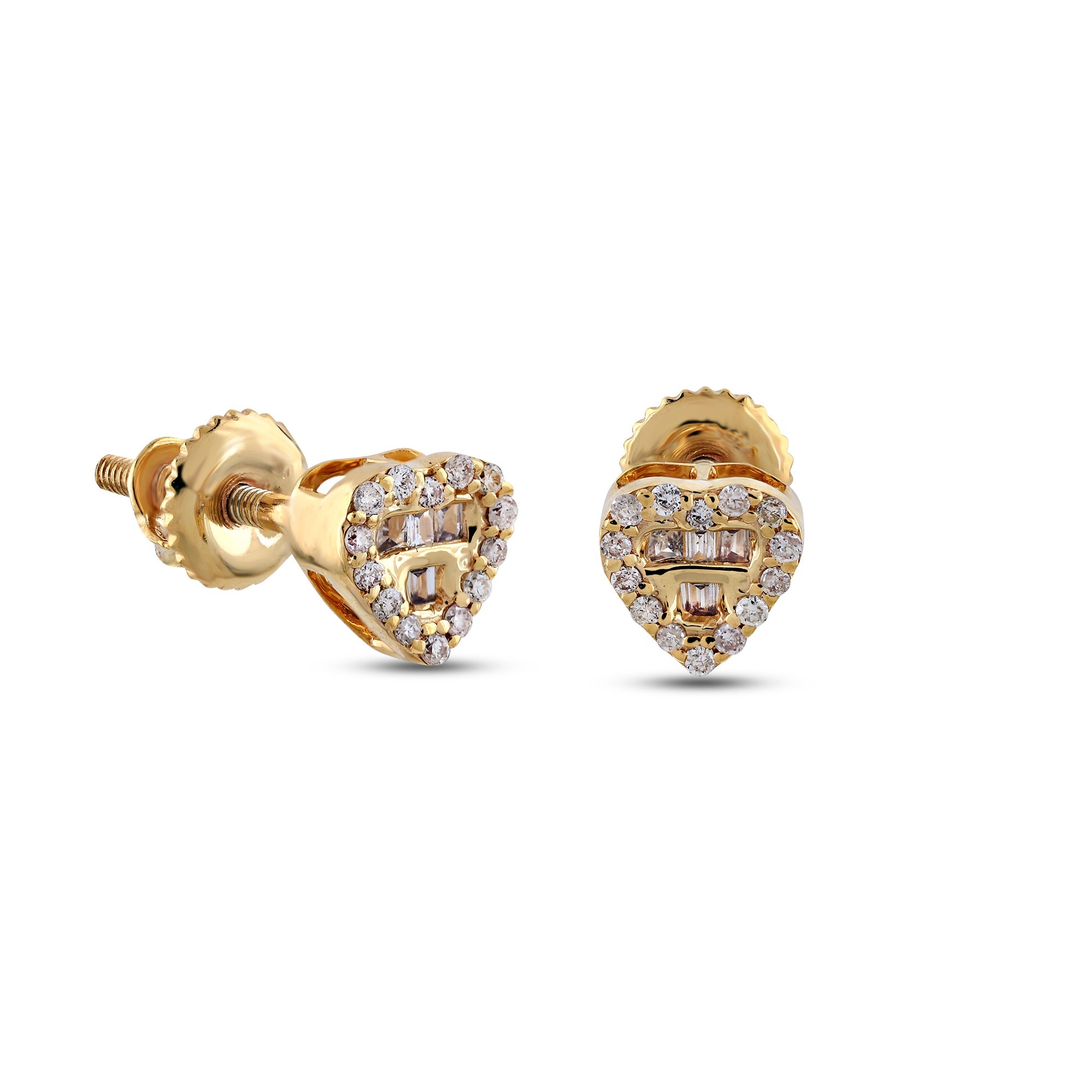 Yellow Gold Baguette and Round Diamond Heart Stud Earrings