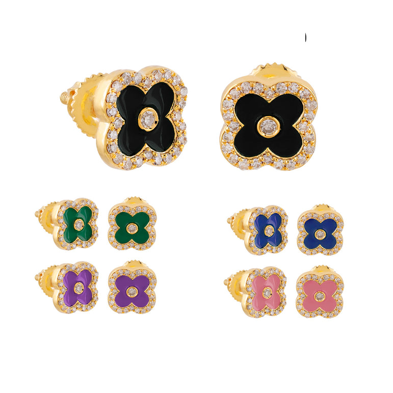 0.14 Carat Yellow Gold Round Diamond Enamel Stud Earring