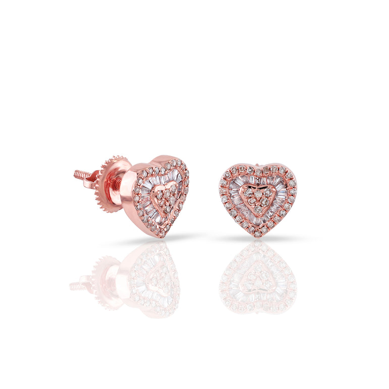 Rose Gold Baguette and Round Diamond Heart Stud Earrings