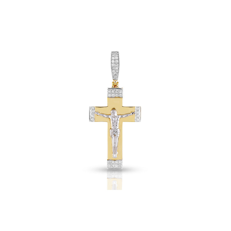 Yellow Gold Round Diamond Jesus Cross Pendant For Men