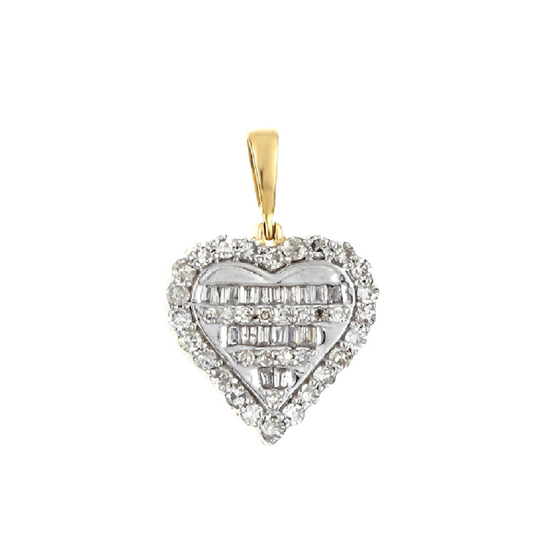 Yellow Gold Baguette and Round Diamond Heart Pendant