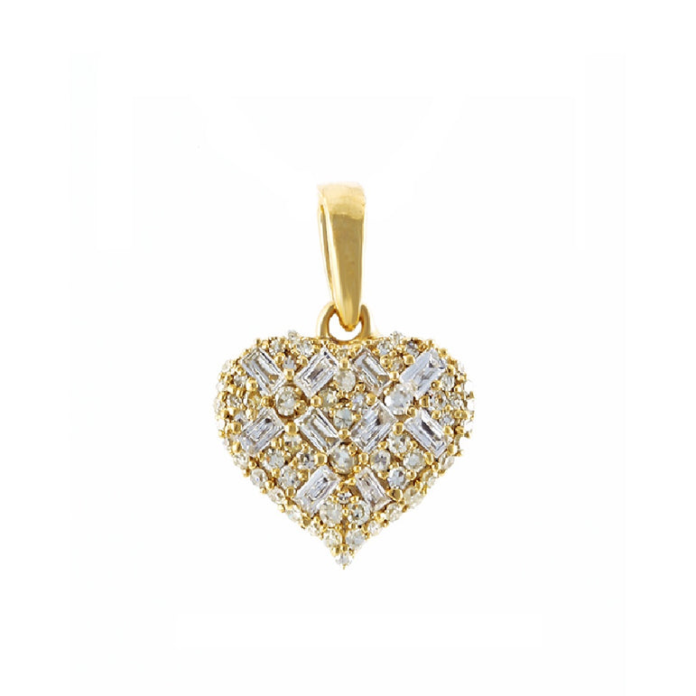 Yellow Gold Round and Baguette Diamond Heart Pendant