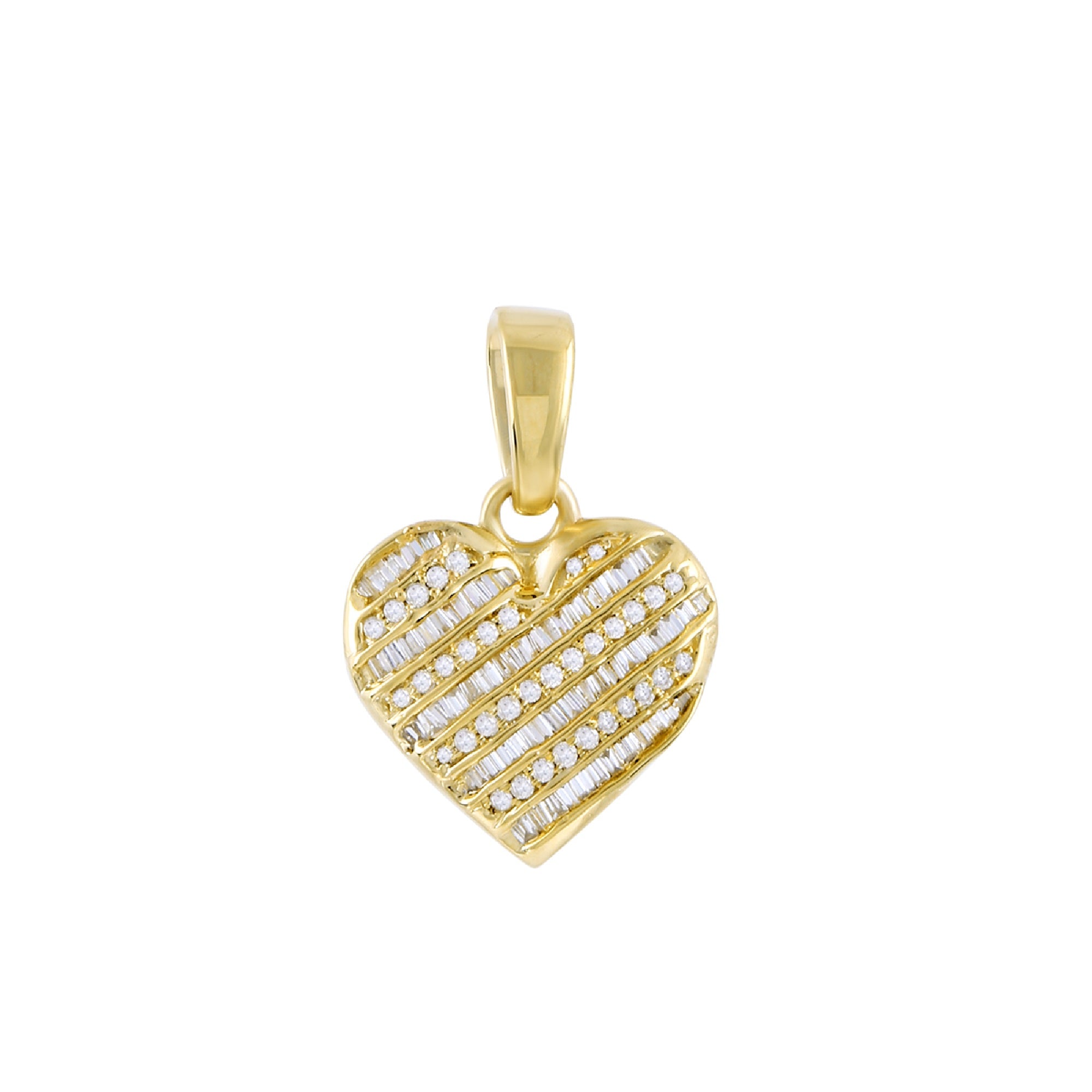 Yellow Gold Round and Baguette Diamond Heart Pendant For Women's