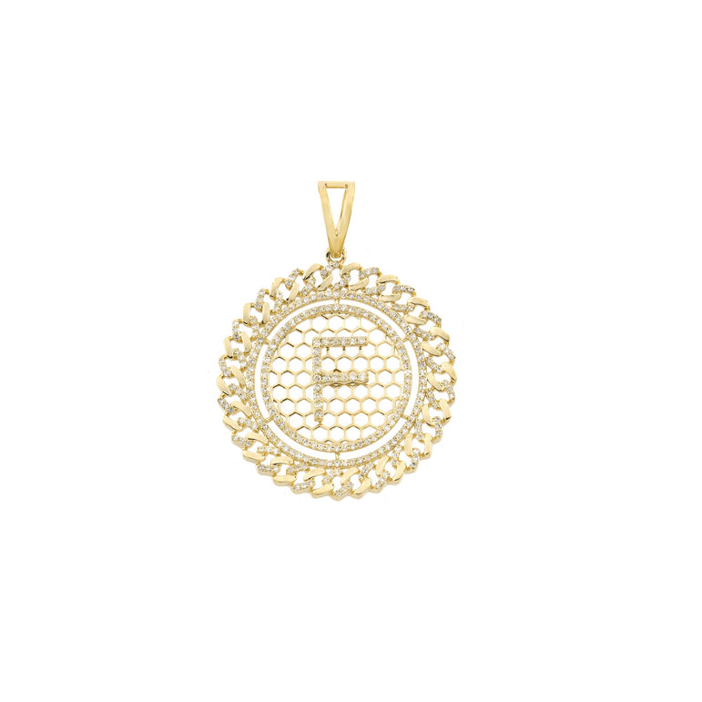 Yellow Gold Cuban Circle Initial Pendant With Diamond