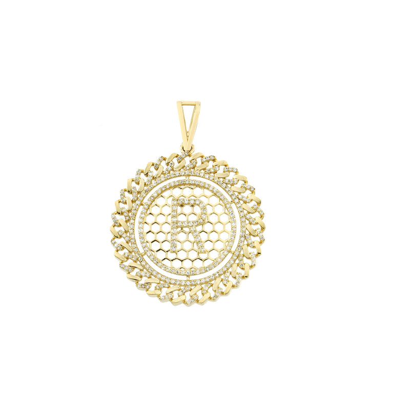 Yellow Gold Cuban Circle Initial Pendant With Diamond