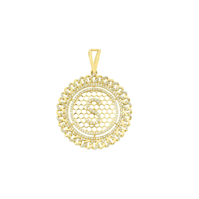 Yellow Gold Cuban Circle Initial Pendant With Diamond