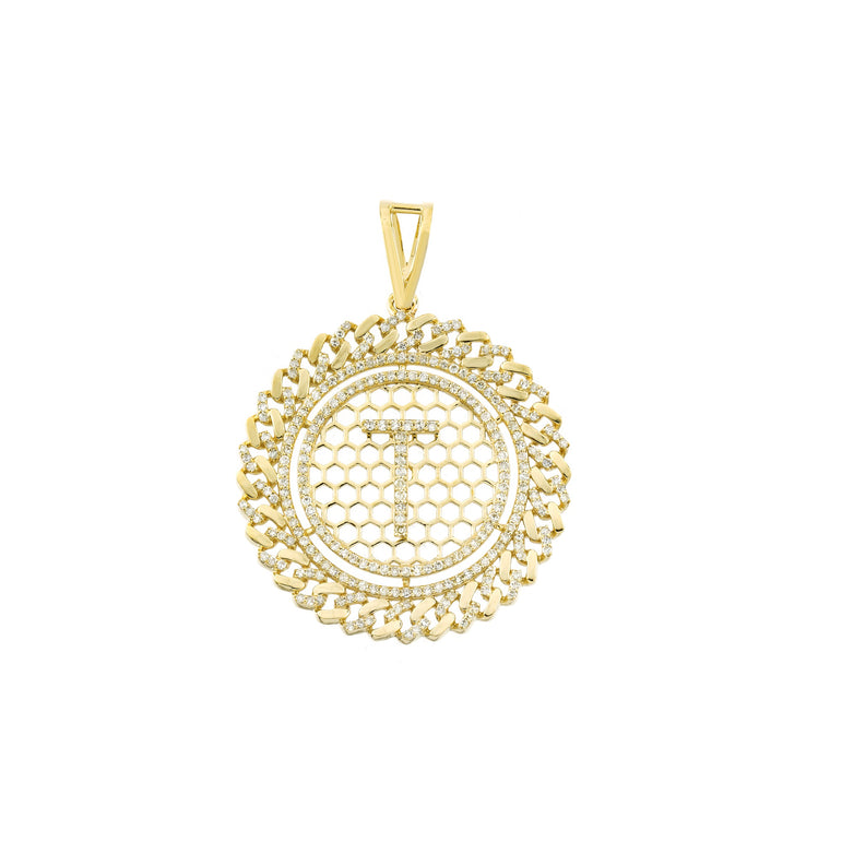 Yellow Gold Cuban Circle Initial Pendant With Diamond