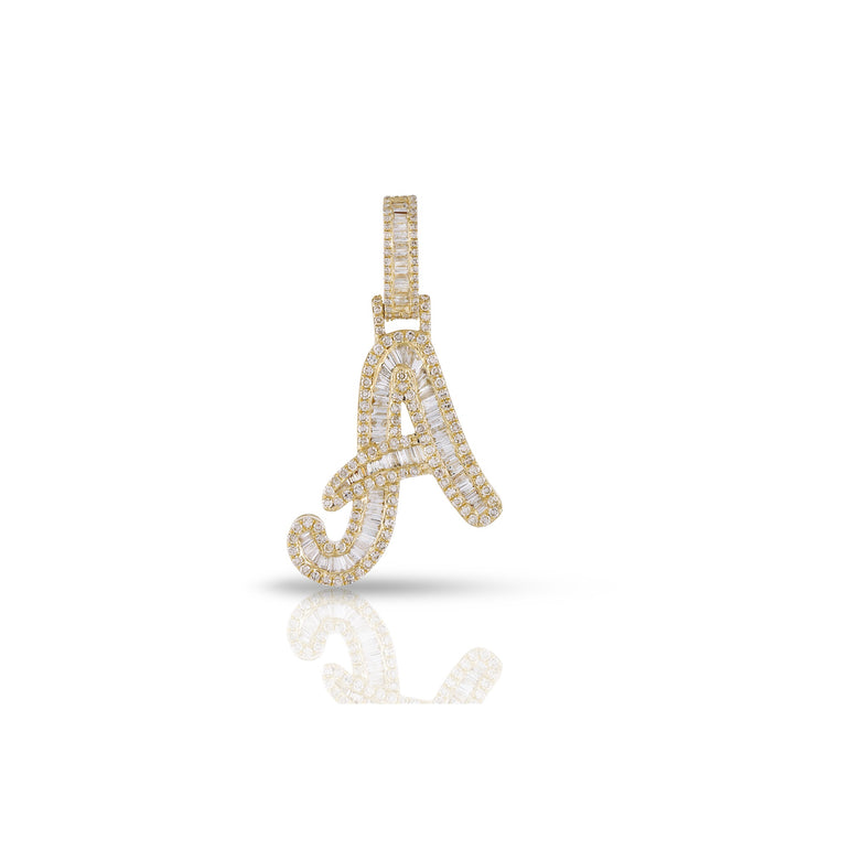 Yellow Gold Baguette and Round Diamond Initial Pendant