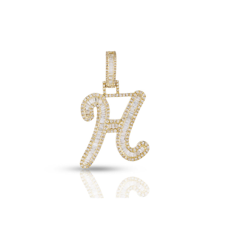 Yellow Gold Baguette and Round Diamond Initial Pendant