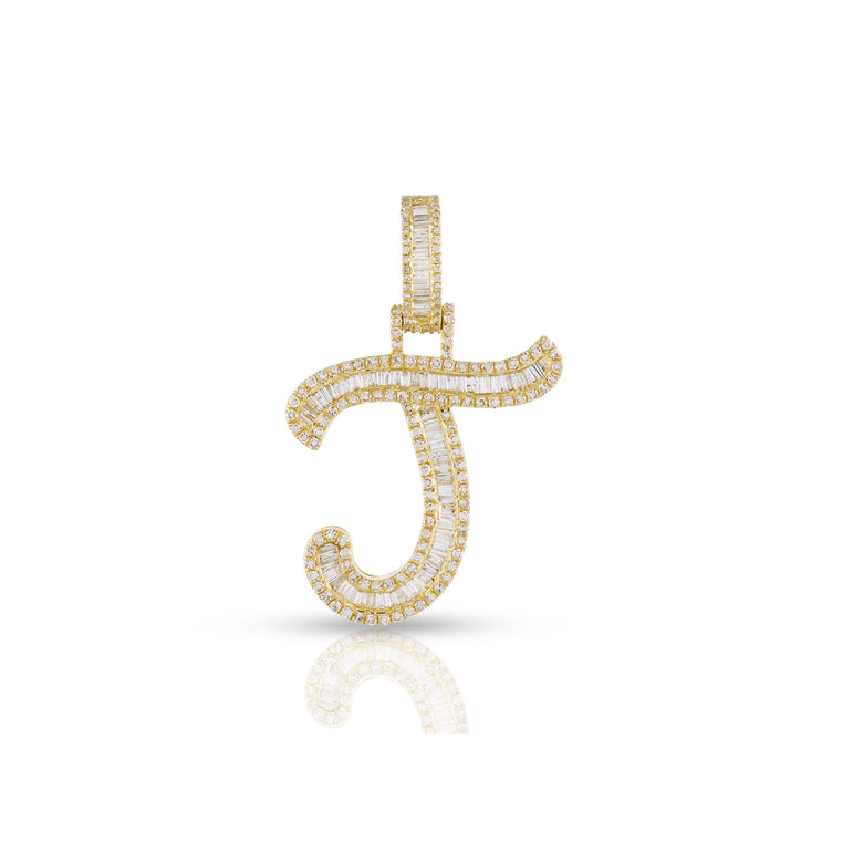 Yellow Gold Baguette and Round Diamond Initial Pendant