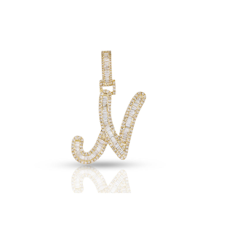 Yellow Gold Baguette and Round Diamond Initial Pendant