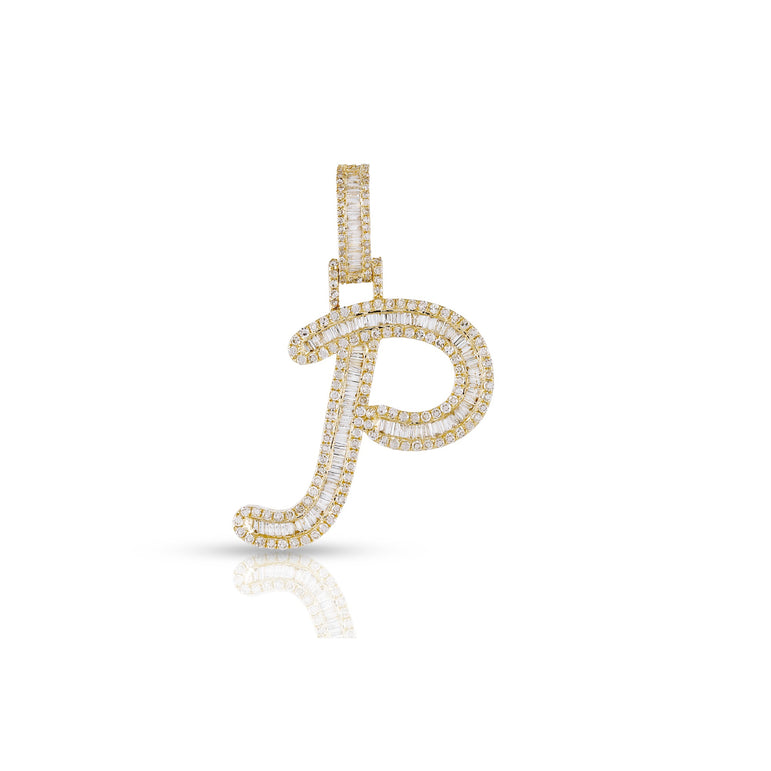 Yellow Gold Baguette and Round Diamond Initial Pendant