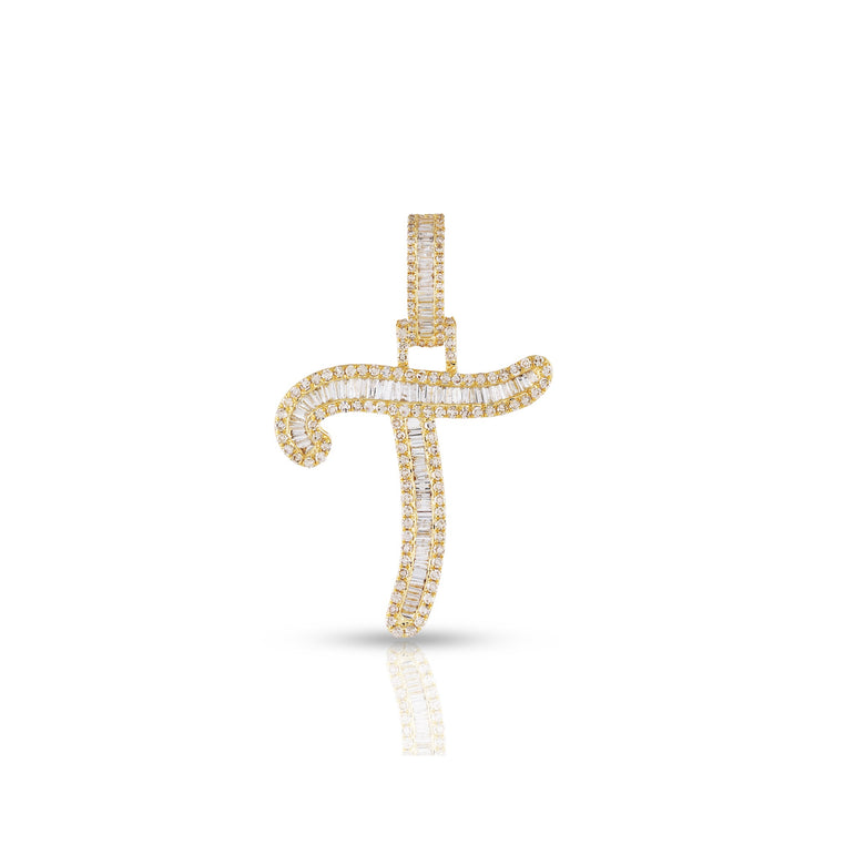 Yellow Gold Baguette and Round Diamond Initial Pendant