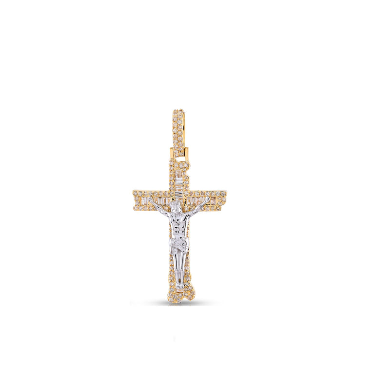 Yellow Gold Round and Baguette Diamond Jesus Crucifix Pendant