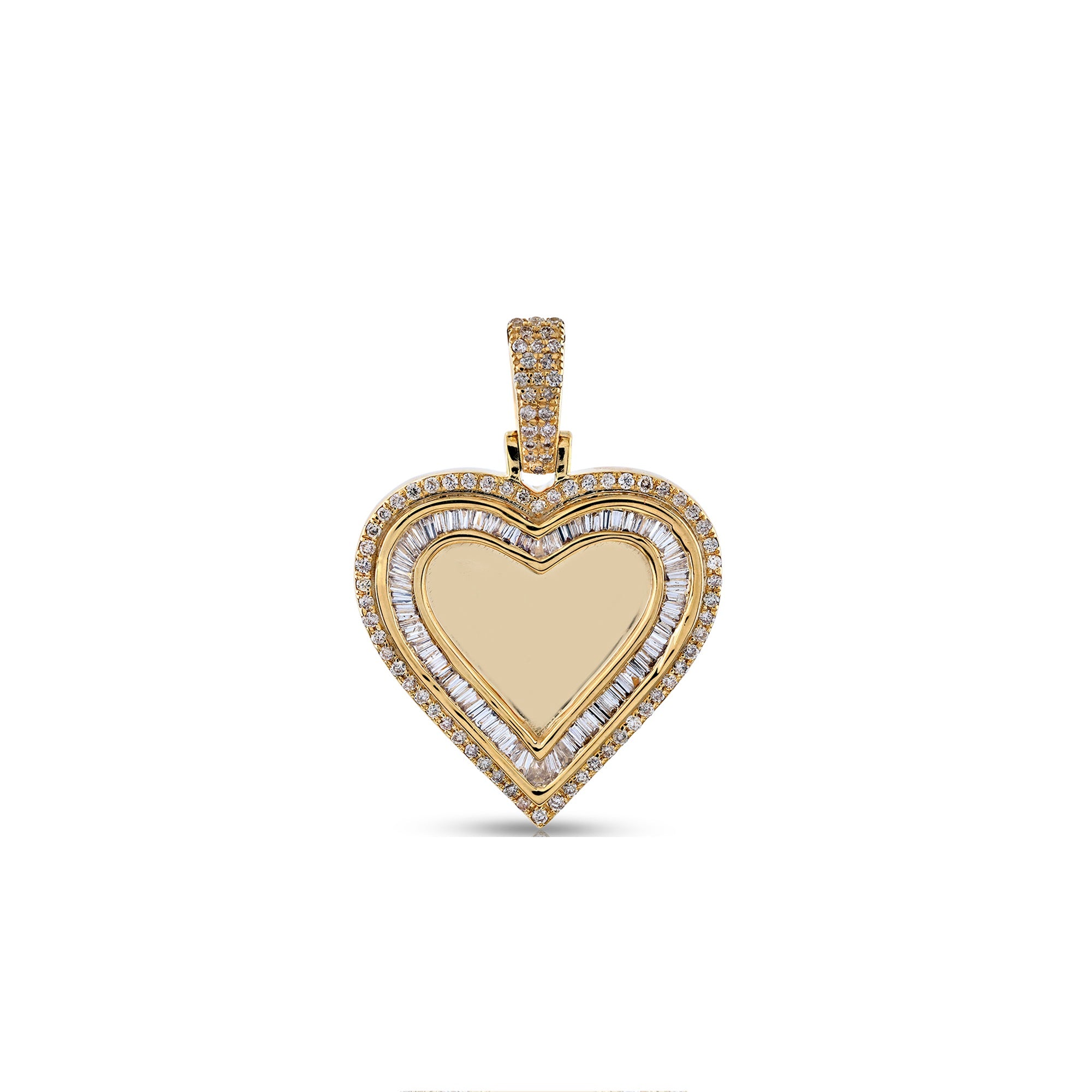 Yellow Gold Round and Baguette Diamond Heart Picture Pendant