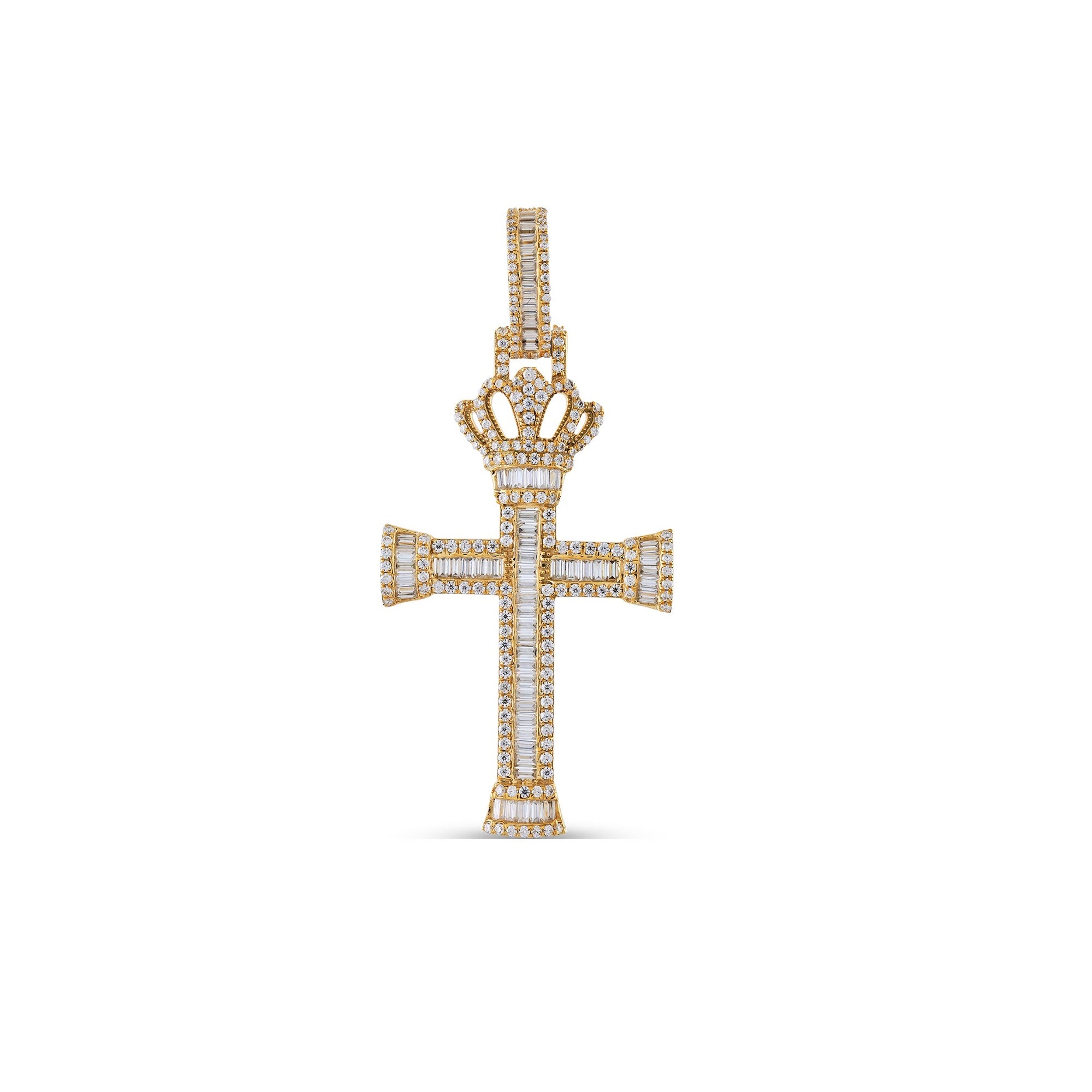 Yellow Gold Round and Baguette Diamond Cross Pendant