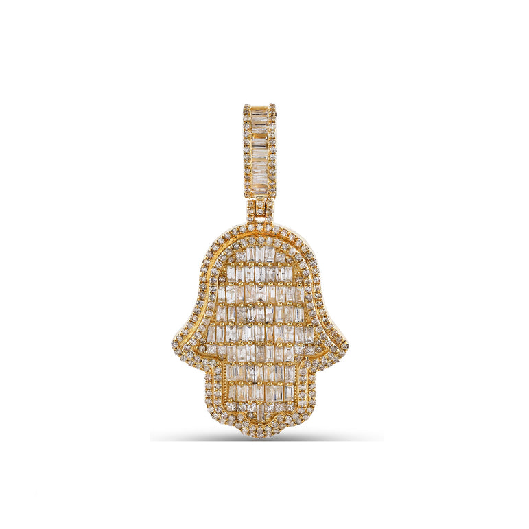 Yellow Gold Round and Baguette Diamond Hamsa Pendant