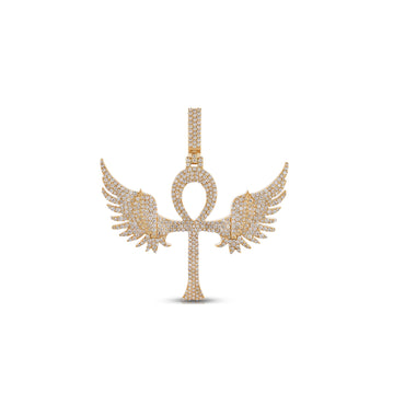 Yellow Gold Round Diamond  Wings with Cross  Pendant