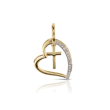 Yellow Gold Round Diamond Cross Heart Pendant