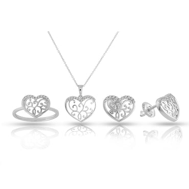 3-Piece White Gold Earrings Set, Ring, Pendant – Heart Shaped Jewelry – Jewelry Sets for Women by Rafaela Jewelry