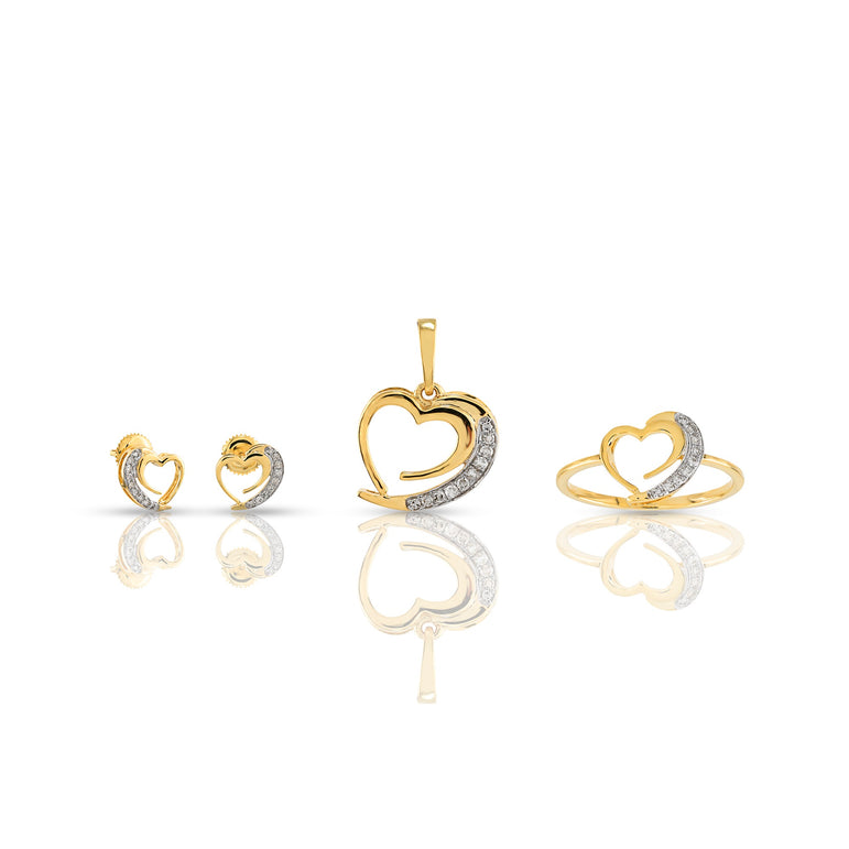 3-Piece Yellow Gold Diamond Jewelry Set Heart Pendant Ring Earrings by Rafaela Jewelry