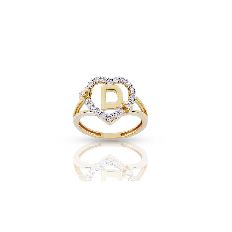 10KT Yellow Gold Diamond Heart Shape 'A-Z' Initial Ring by Rafaela Jewelry