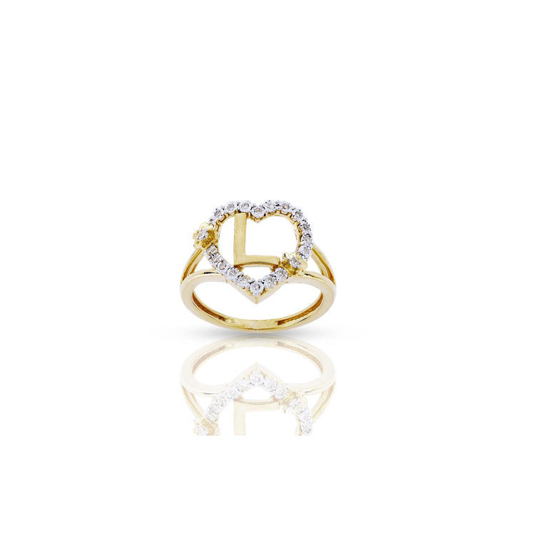 10K Yellow Gold Heart Shape Diamond Initial Ring