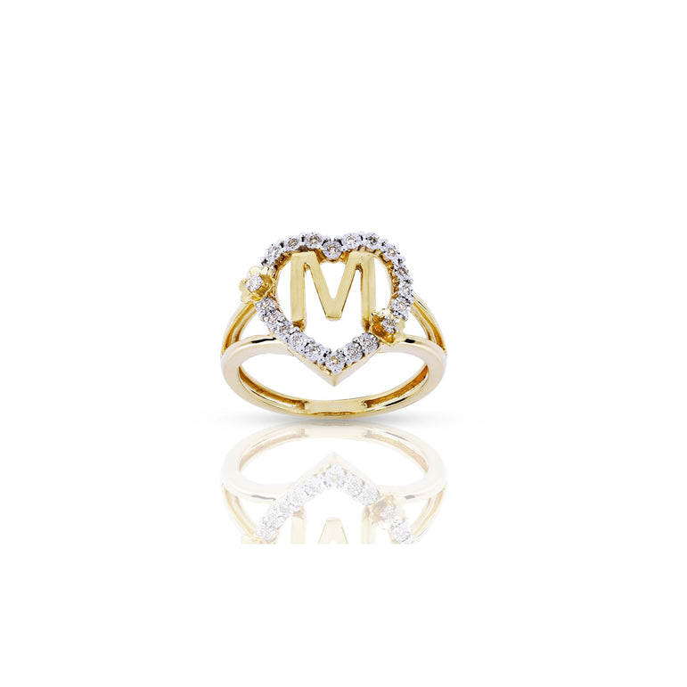 10KT Yellow Gold Diamond Heart Shape 'A-Z' Initial Ring by Rafaela Jewelry