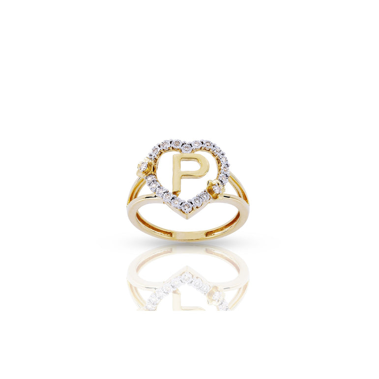 10KT Yellow Gold Diamond Heart Shape 'A-Z' Initial Ring by Rafaela Jewelry