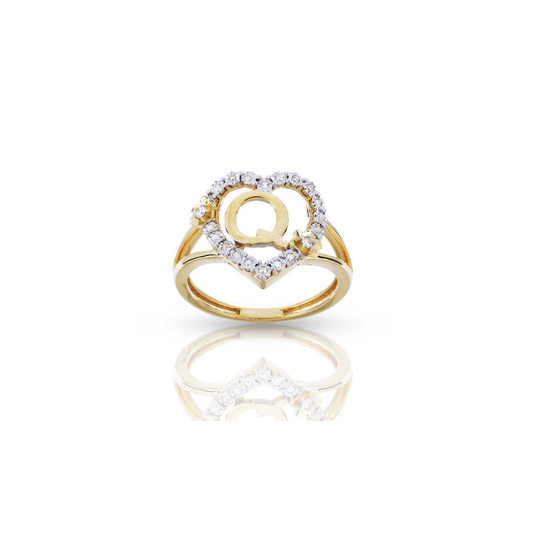 10KT Yellow Gold Diamond Heart Shape 'A-Z' Initial Ring by Rafaela Jewelry