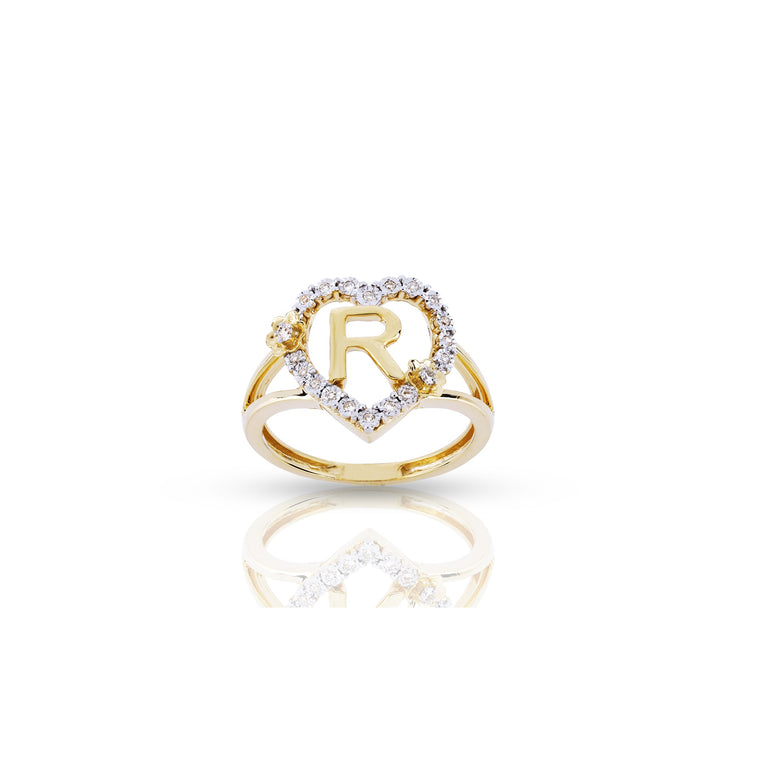 10K Yellow Gold Heart Shape Diamond Initial Ring