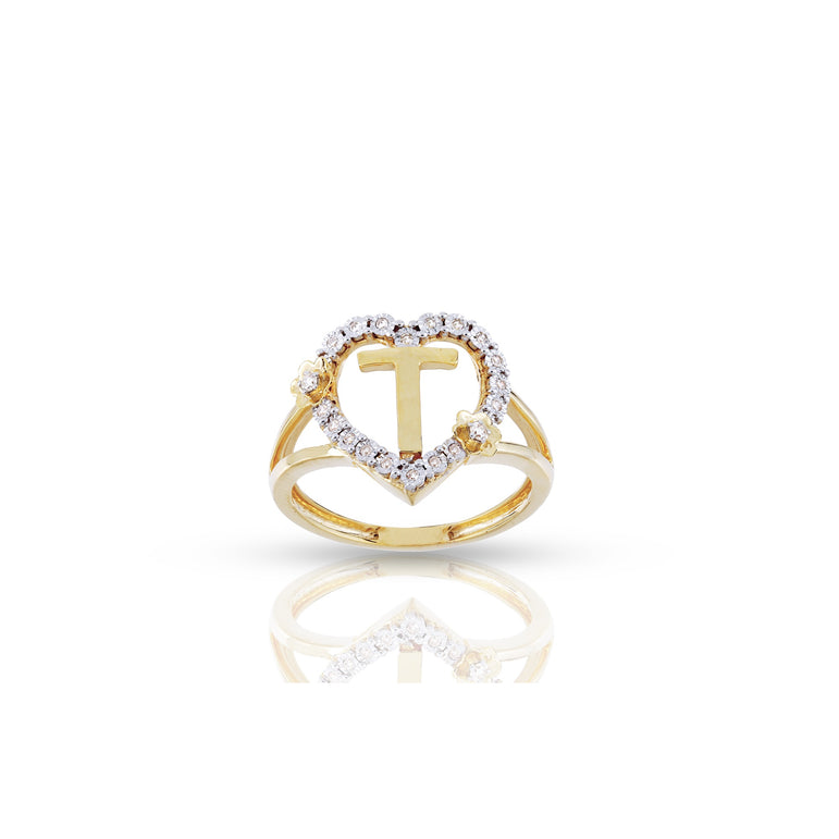 10K Yellow Gold Heart Shape Diamond Initial Ring